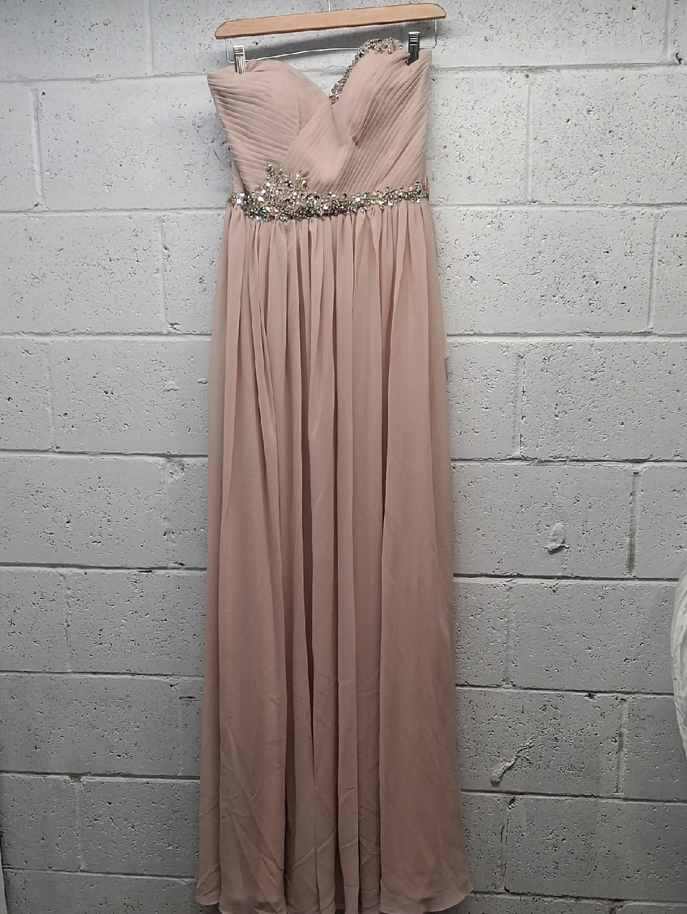 NWT Luxy Strapless Champagne Chiffon Gown with Crystal Embellishment & Scarf